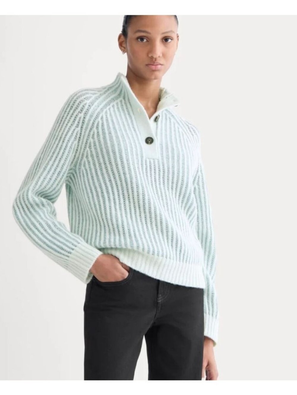 Everlane Funnel-Neck Ribbed Henley Sweater Women's Size Small Blue Grey Mist NWT